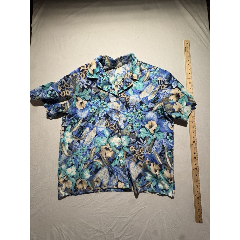Bobbie Brooks Blue Floral Hawaiian Camp Shirt Womens XL Tropical Button Up